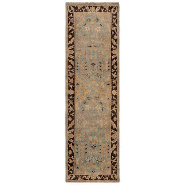 Oushak 3 ft. x 10 ft. Light Blue/Brown Ornate Oriental Runner Rug
