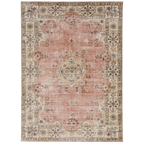 Washable Blaire Pink and Ivory 3 ft. x 5 ft. Distressed Polyester Area Rug