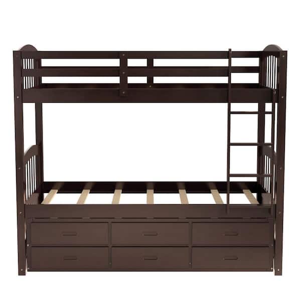 wetiny Espresso Twin Over Twin Wood Bunk Bed with Trundle and-Drawers