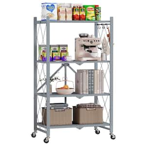 4-Tier Grey Foldable Metal Rack Storage Shelving Unit, Kitchen Shelf with Wheels