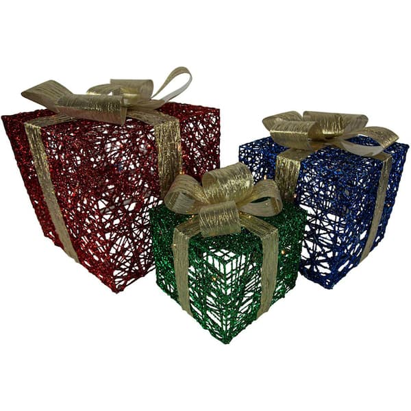 Set of 3 Lighted Red Blue and Green Gift Boxes Christmas Decorations 9.75"