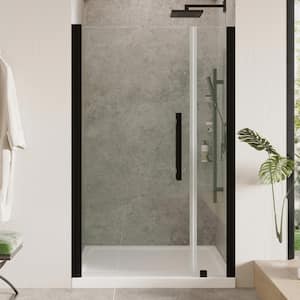 Pasadena 36in. L x 32in. W x 75in. H Alcove Shower Kit w/Pivot Frameless Shower Door in Black w/Shelves and Shower Pan