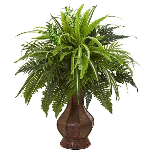 Nearly Natural Indoor 26 Mixed Greens and Fern Artificial Plant in Decorative Planter