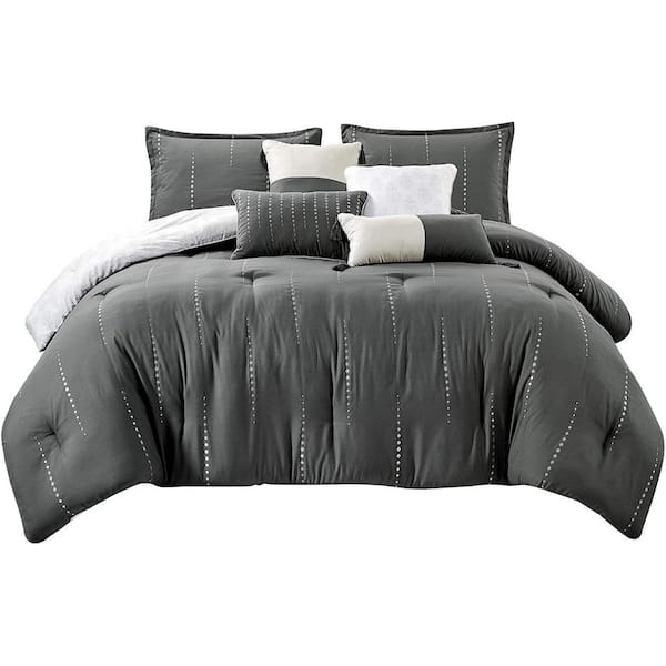 Shatex 7 Piece Gray Luxury Micro Sculpt Microfiber Polyester Queen Comforter Set