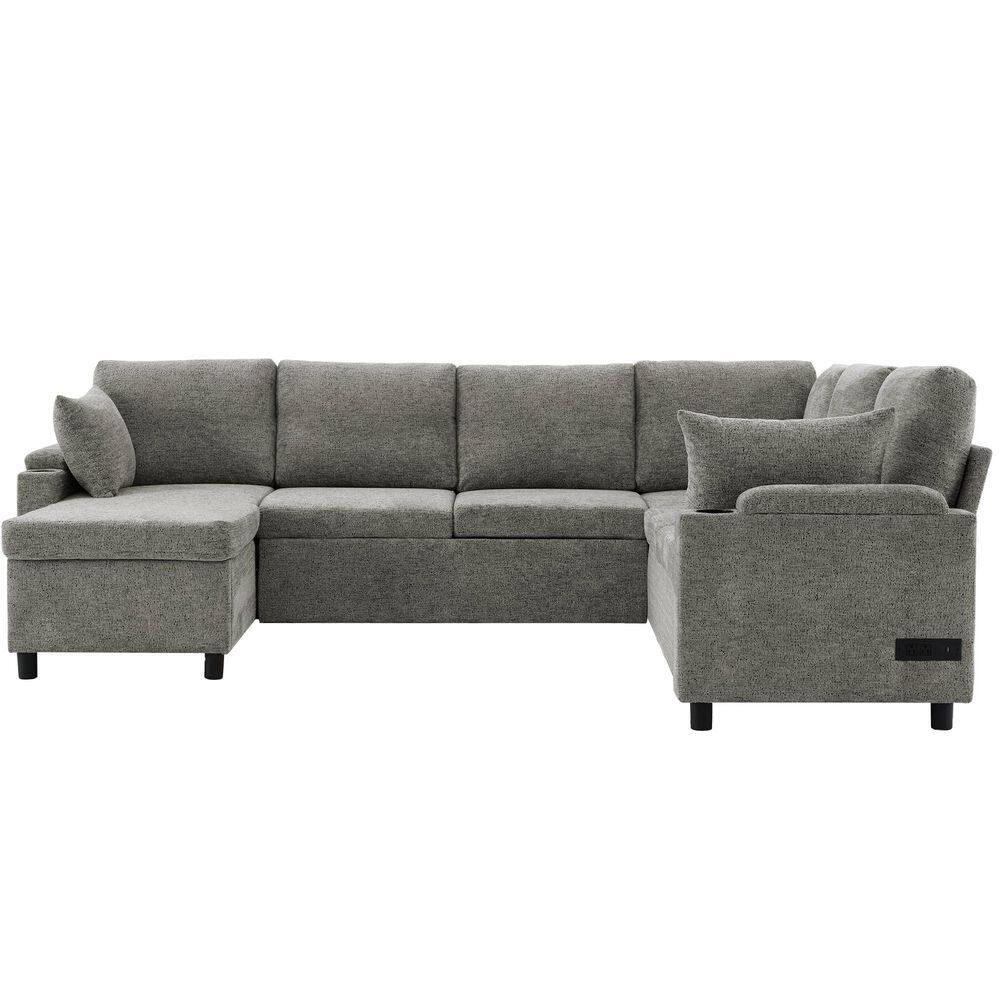 Luxury 109.9 in. Square Arm 6-piece U-Shaped Chenille Convertible Sectional Sofa in. Light Grey with Charging Station