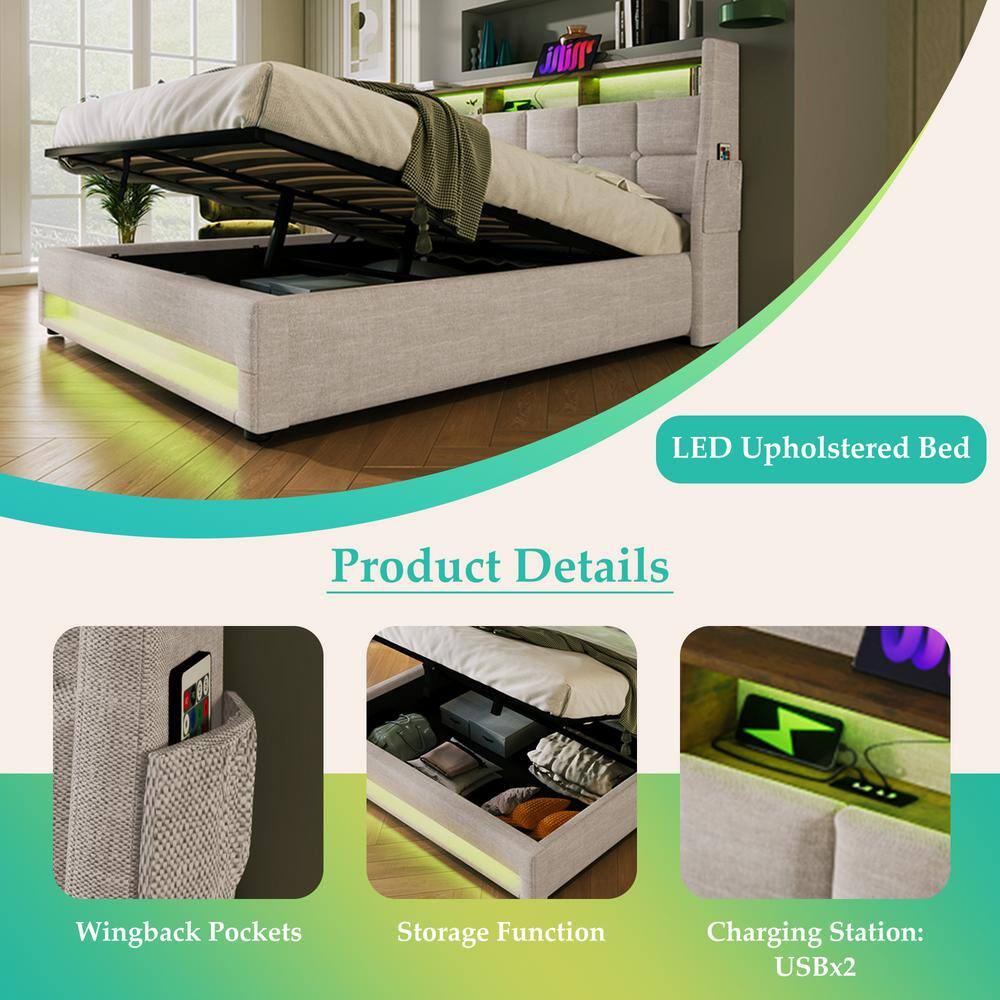 Gray Wood Frame Full Linen Platform Bed with LED Lights, Hydraulic Storage, USB Charging, Storage Headboard, Pockets - thumbnail 10
