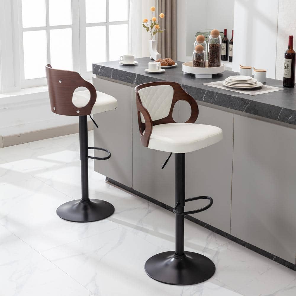 Adjustable White Faux Leather Swivel Bar Stools with Arms