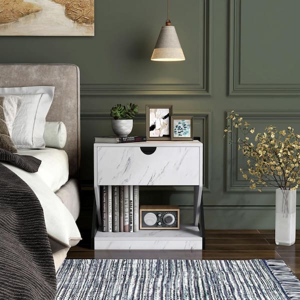 Furniture of America Hanniger Faux Marble 1-Drawer 23.62 in. W Nightstand