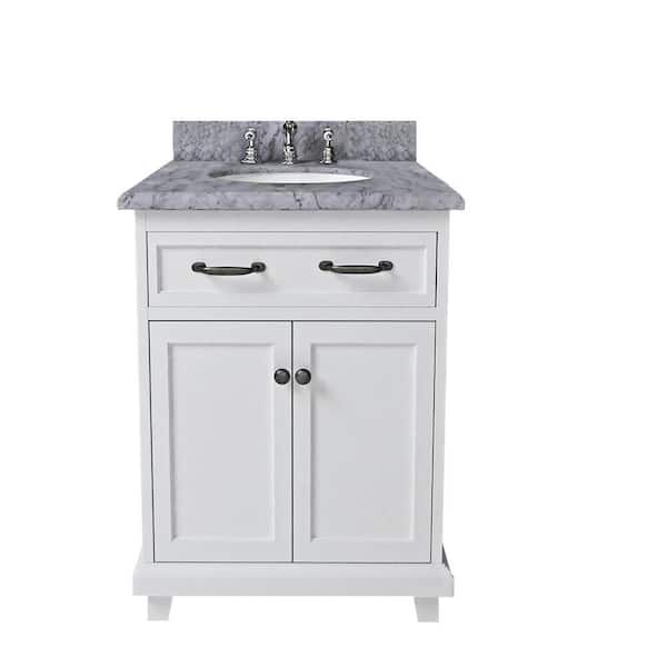 Dreamwerks 24 In. W x 22.4 In. D x 35 In. H Freestanding Bathroom Vanity in White with Solid Wood and Carrara Marble Top