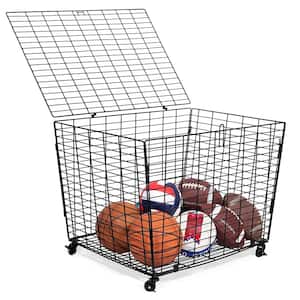 1-Tier Home Black Metal Sports Ball Basket Organizer Garage Storage Shelving Unit with Heavy Duty Casters