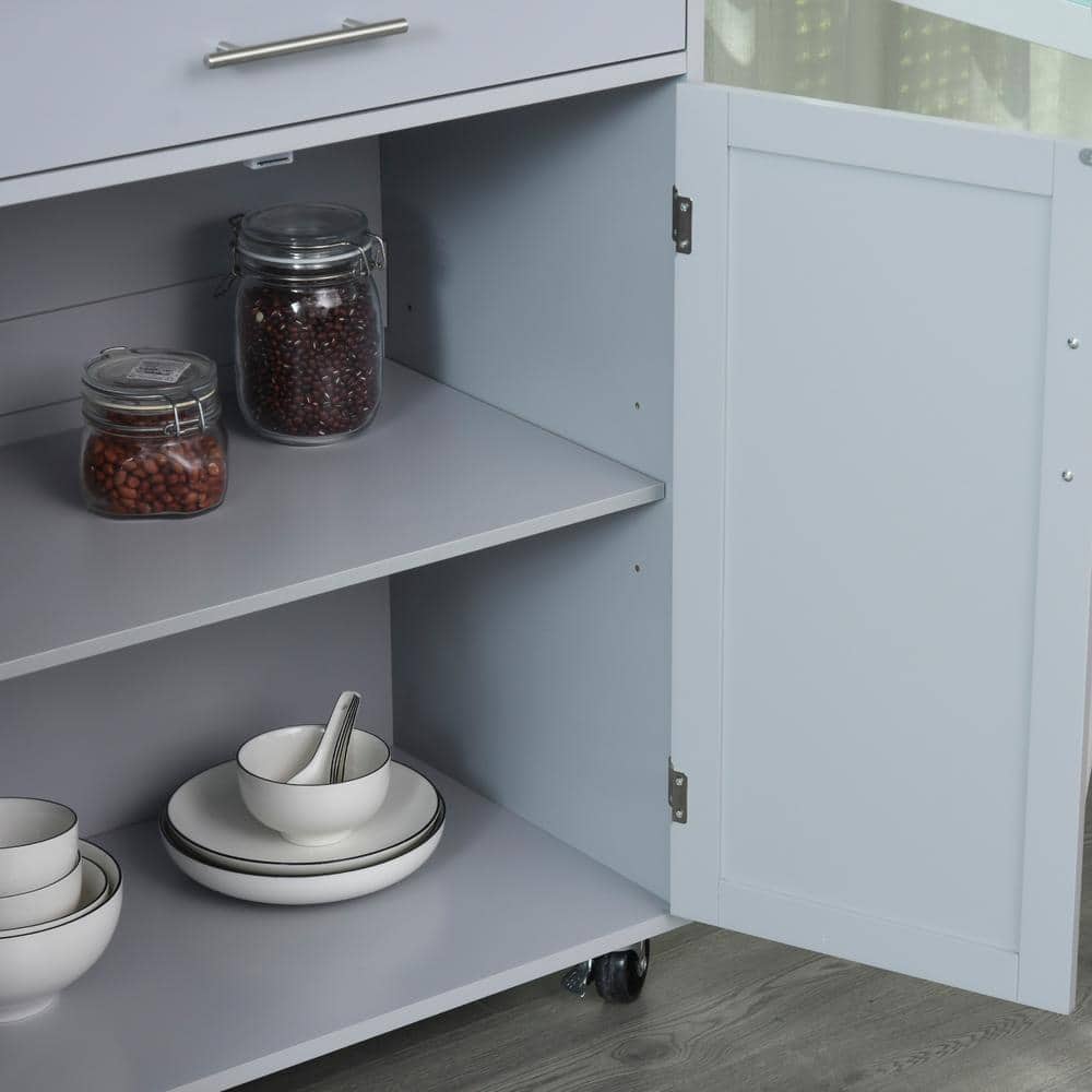 Grey Wood Rolling Kitchen Cart with Storage and Towel Rack