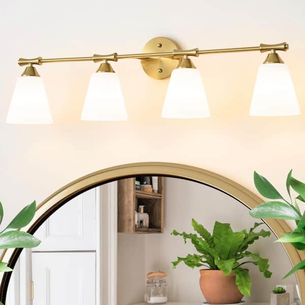 33.86 in. 4-Lights Gold Bathroom Vanity Light Fixture with Opal Frosted Glass Shade