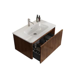 30 in. Single Sink Wall Mounted Walnut Bath Vanity with White Ceramic Top Unassembled