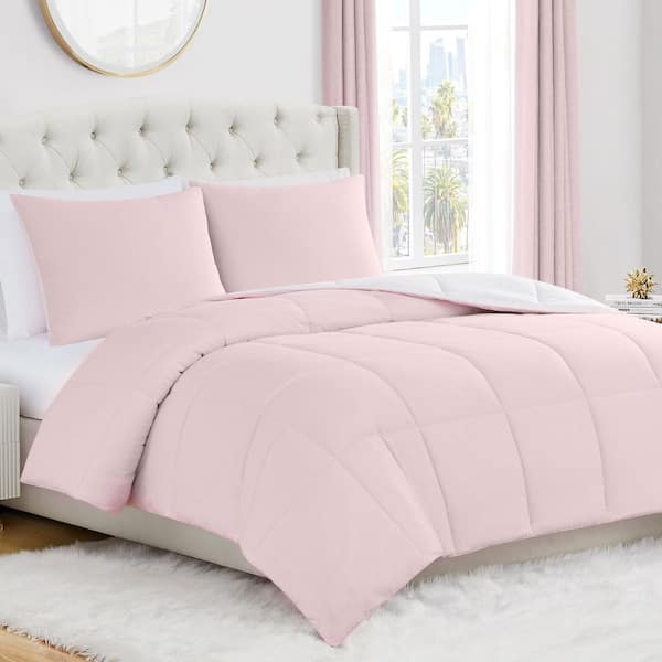 Box Stitch 3-Piece Pink Marshmallow/White Solid Color Microfiber Full/Queen Comforter Set