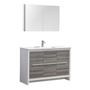 Allier Rio 48 in. Modern Bathroom Vanity in Ash Gray with Ceramic Vanity Top in White with White Basin, Medicine Cabinet
