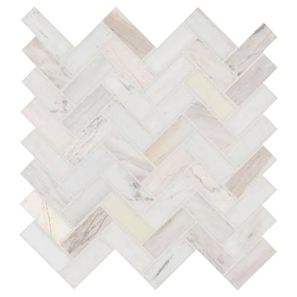 MSI Take Home Tile Sample - Angora Herringbone 4 in. x 4 in. Polished Marble Mesh-Mounted Mosaic Tile