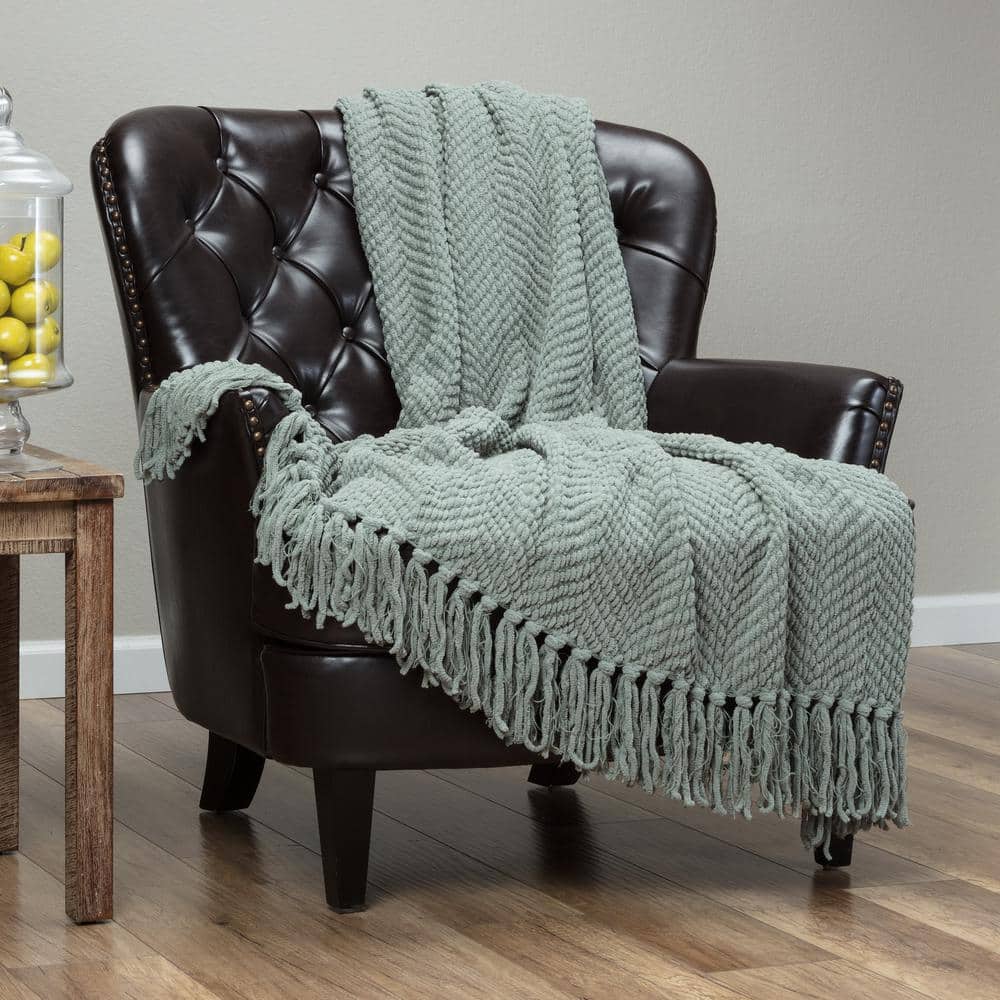 Tan Sage Knitted Throw Blanket with Tassels - 50" x 65"