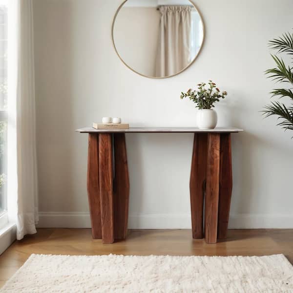 42 in. Brown Rectangle Marble Top Tapered Legs Console Table
