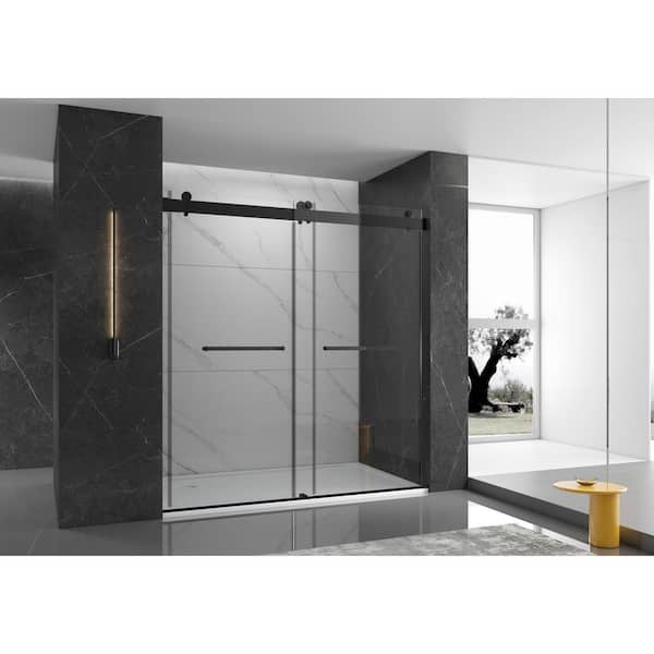 EPOWP 60 in. W x 76 in. H Double Sliding Frameless Shower Door in Matte Black with Clear Glass