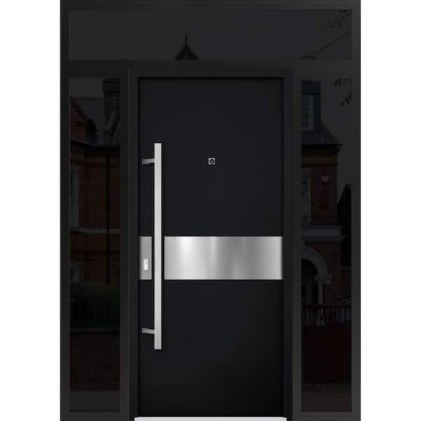 VDOMDOORS 6072 60 in. x 96 in. Right-hand/Inswing 3 Sidelights Black Enamel Steel Prehung Front Door with Hardware