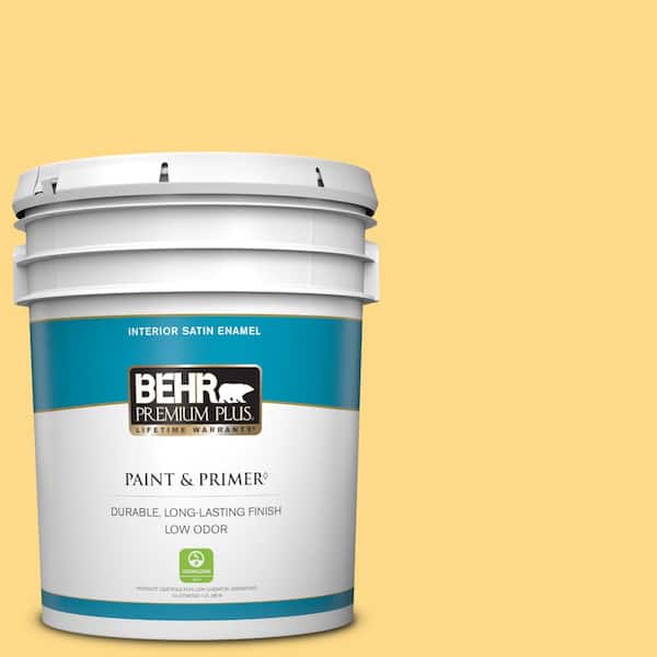 BEHR PREMIUM PLUS 5 gal. #P280-4 Surfboard Yellow Satin Enamel Low Odor Interior Paint & Primer
