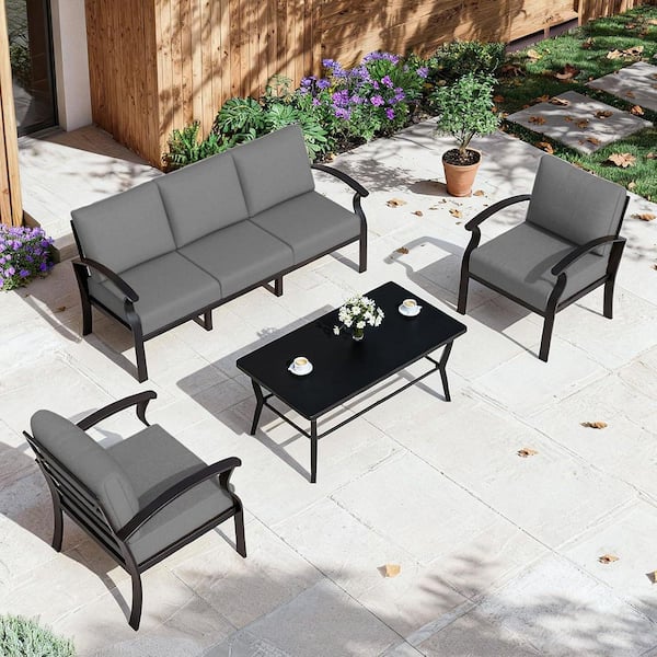 4-Piece Patio Aluminum Conversation Set with Rectangular Table and Gray Cushions, All-Weather Resistant