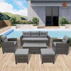 6-Piece All-Weather Wicker PE Rattan Patio Outdoor Conversation Sofa Set Sectional Set with Light Grey Cushions