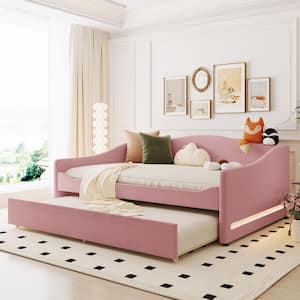 Pink Wood Frame Full Size Teddy Fleece Upholstered Daybed with LED Lights, Twin Size Trundle