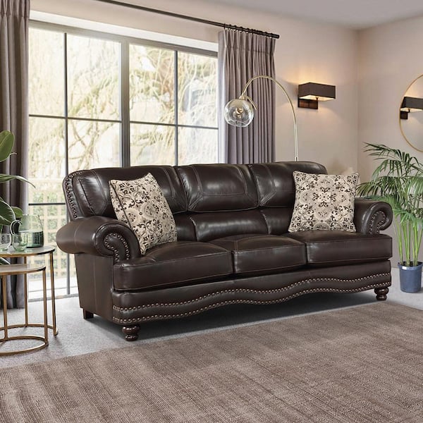 Beyen 88 in. W Rolled Arm Faux Leather Rectangle Sofa in. Brown