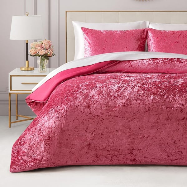 Crushed Velvet 3-Piece Hot Pink Solid Polyester Full/Queen Comforter Set