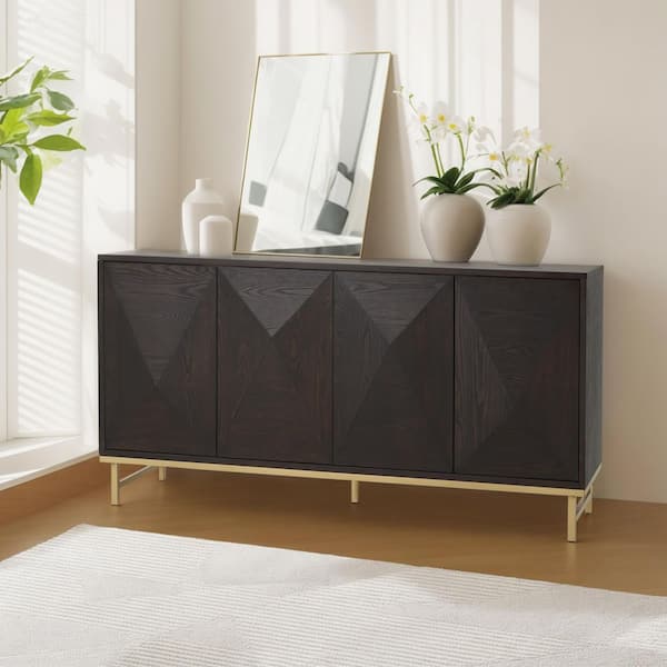 CHRISTOPHER KNIGHT HOME Benjamin Wenge Wood 59.75 in. W Modern Buffet Storage Sideboard with Adjustable Shelves, Doors, Gold Metal Legs
