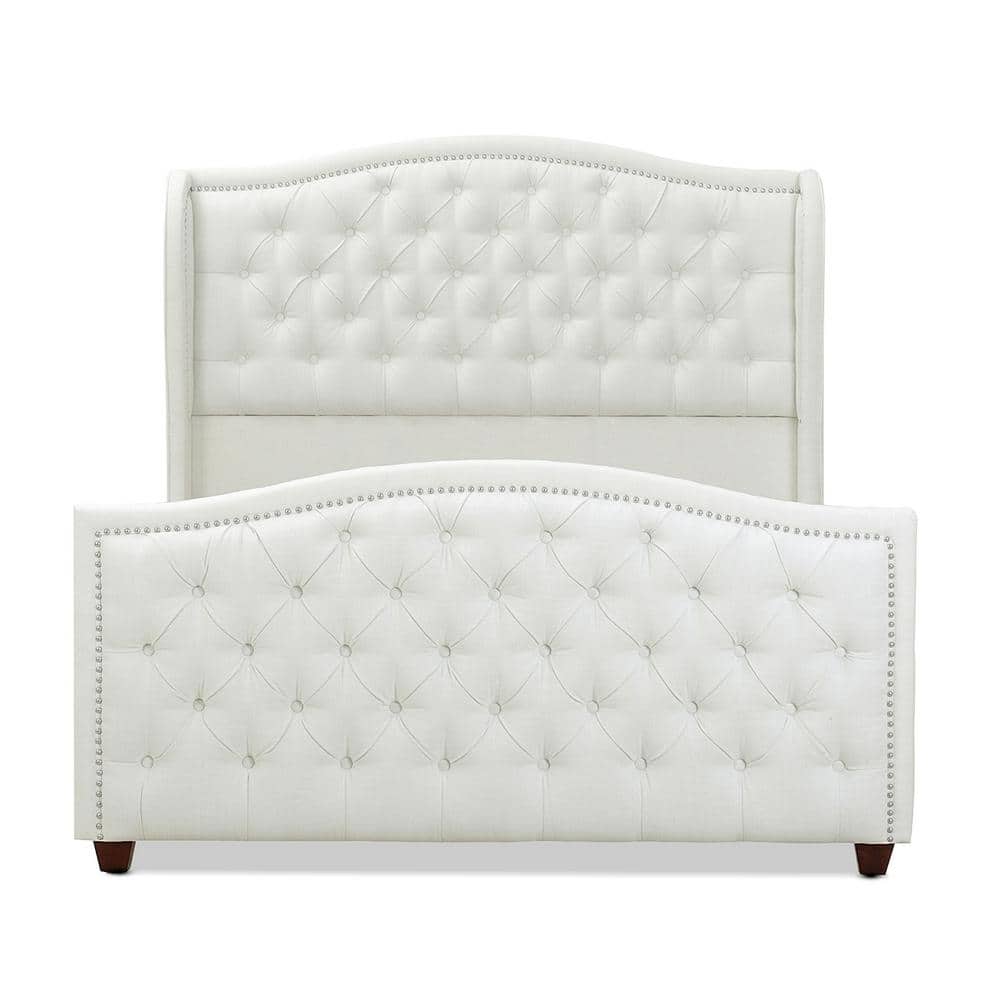 Antique White Tufted Upholstered Queen Bed with Nailhead Trim