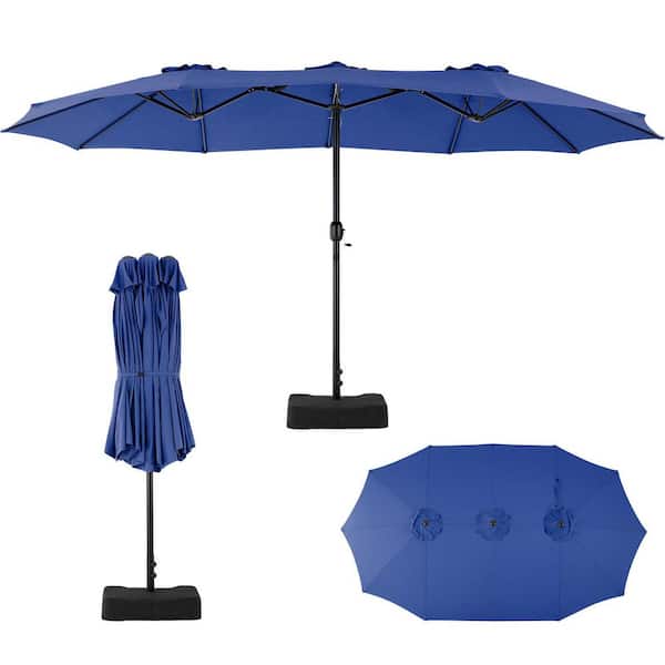 Large 15 ft. Metal Crank Lift Self-Locking Market Patio Umbrella with Base Included in Navy Blue for Rectangle Table