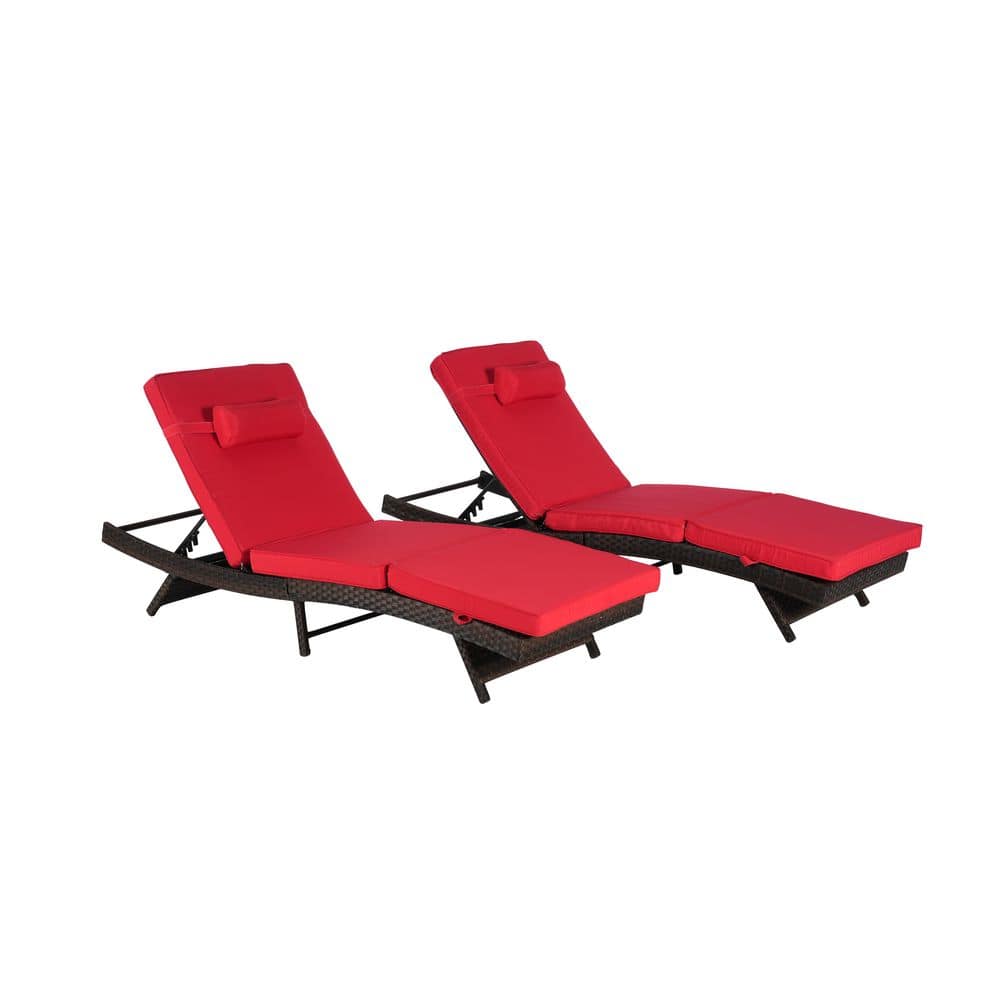 Wicker Sunbathing Outdoor Lounge Chair with Red Cushions (2-Pack)