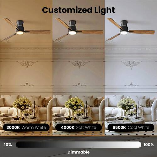 S3 Series 52 in.Indoor Black Ceiling Fan, with Dimmable LED Light and Bedroom Mood Light, Reversible Blades and DC Motor Ceiling Fans With Lights