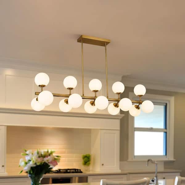 15-Light Gold Linear Sputnik Chandelier with Opal Glass Globe Shade for Dining Room Kitchen Island