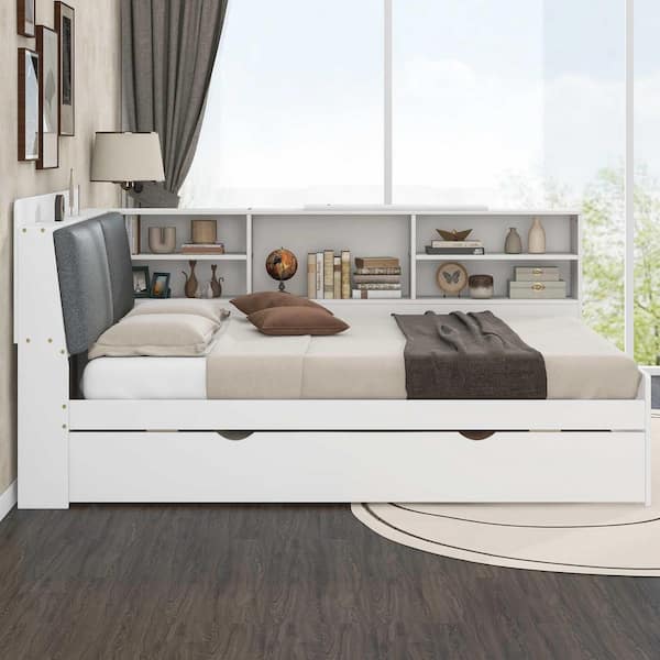 White Full Daybed with Trundle, Shelves and Storage Headboard