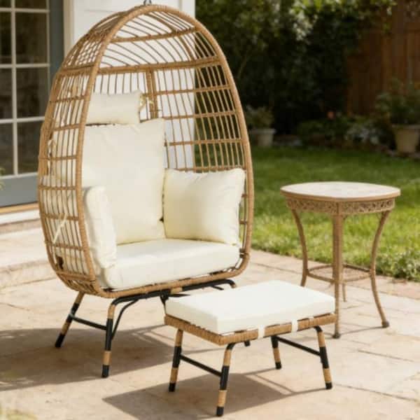 JPJPUU Rattan Egg Chair with Ottoman and Beige Cushions for Porch