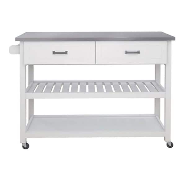 White E1 MDF Kitchen Cart with 2 Drawers, Stainless Steel Top, Scratch-Resistant Finish & Space-Saving Open Shelves