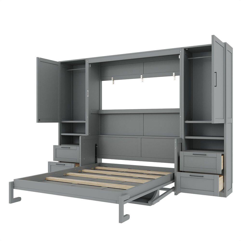 Gray Wood Frame Queen Size Murphy Bed with Closet, Drawers and Shelves - thumbnail 4