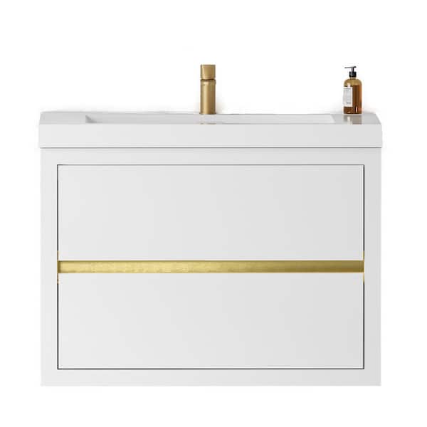 29.53 in. W x 19.69 in. D x 22.44 in. H Wall-Mounted Bath Vanity in Glossy White with White Resin Top