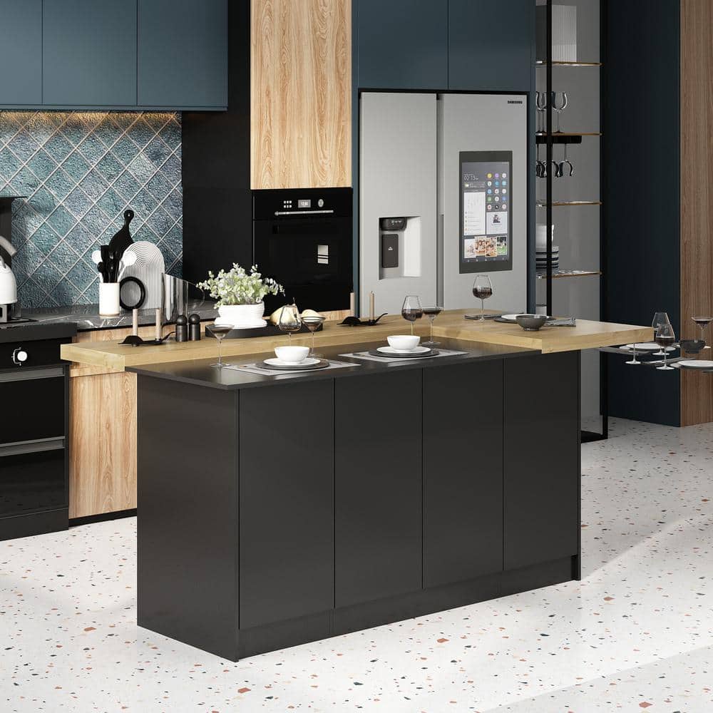 FUFU&GAGA Black Wooden 77.3 in. W Kitchen Island Dining Bar