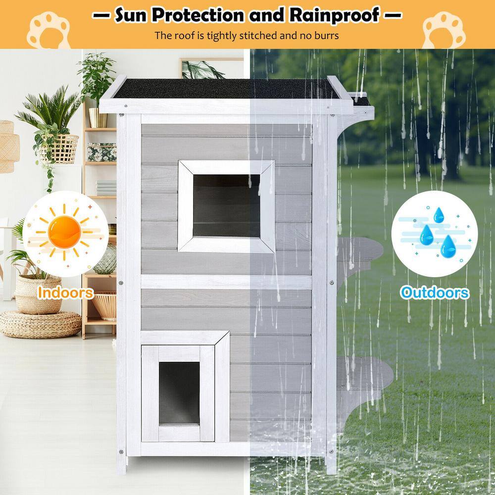 Gray and White 2-Story Wooden Outdoor Cat House with Escape Door