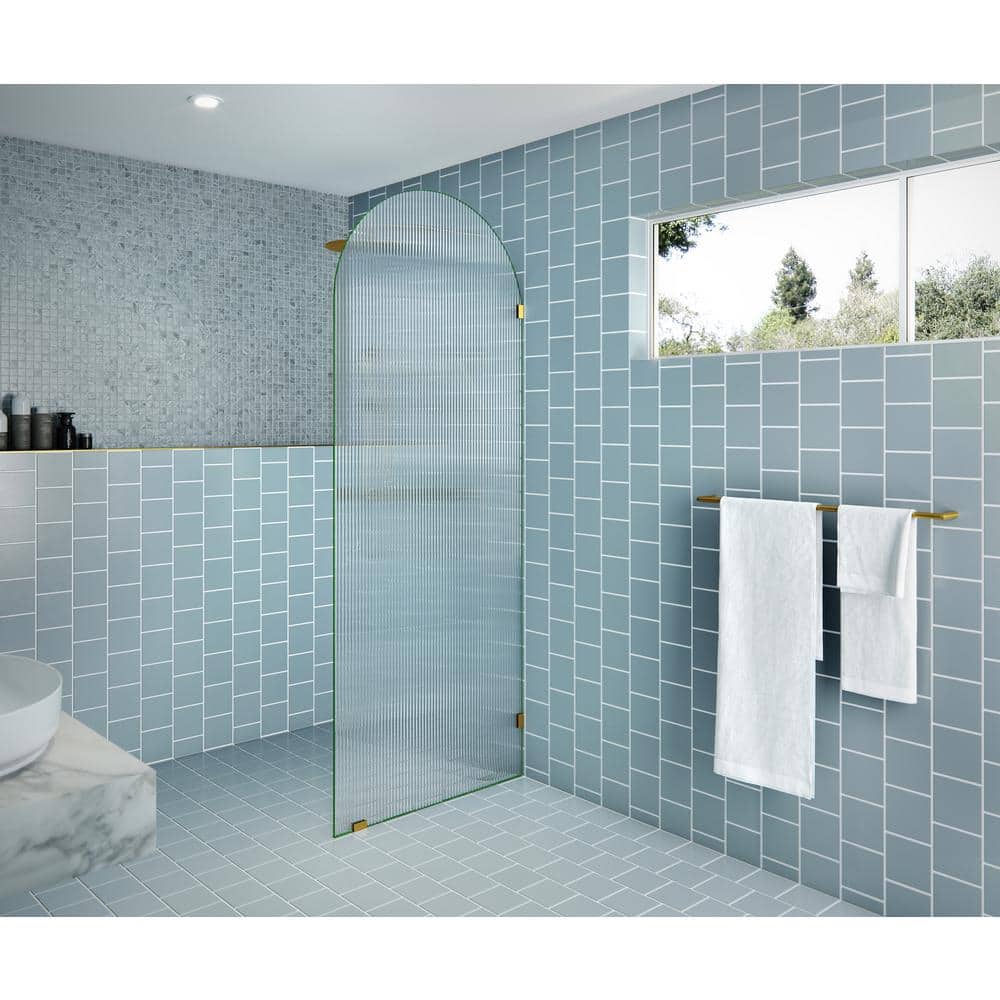 Maven 32" x 86.75" Frameless Arched Fluted Glass Shower Panel with Satin Brass Hardware