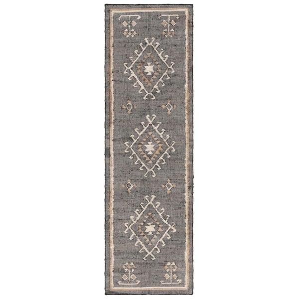 Kilim 2 ft. x 17 ft. Black/Ivory Geometric Runner Rug