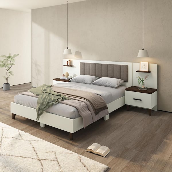 Lopez Contemporary Brown and White Wood Frame Queen Size Platform Bed with Tufted Upholstery Headboard, 2-Nightstands
