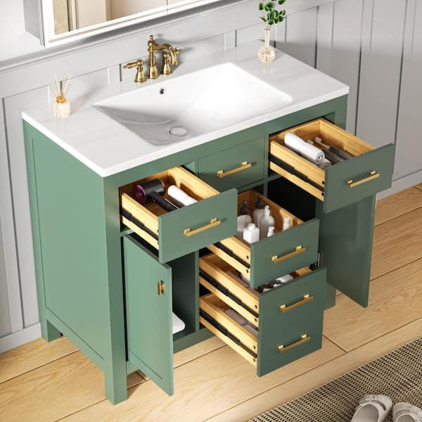 FAMYYT 36 in. Single Sink Freestanding Green Solid Wood Framed