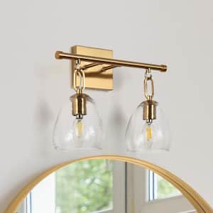 Modern 14 in. 2-Light Plating Brass Bathroom Vanity Light with Dome Hammered Glass Shades