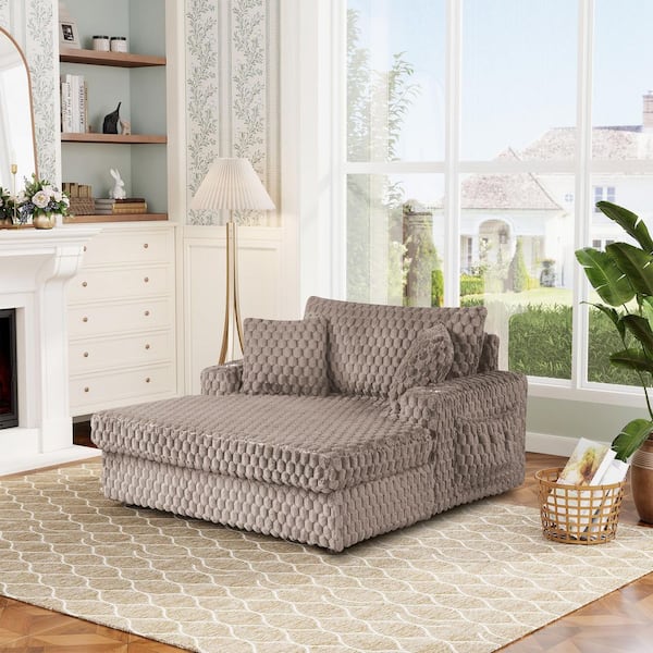 Light Brown Fabric Chaise Lounge with 2 Cup Holder and Magazine Bag Recliner Loveseat Sofa Bed for Living Room