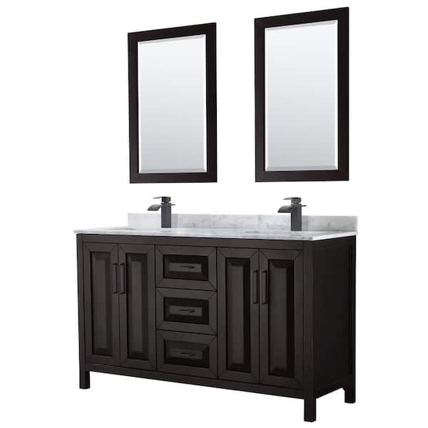 Wyndham Collection 60 in. W x 22 in. D x 35.75 in. H Double Bath Vanity in Dark Espresso with White Carrara Marble Top and 24 in. Mirrors